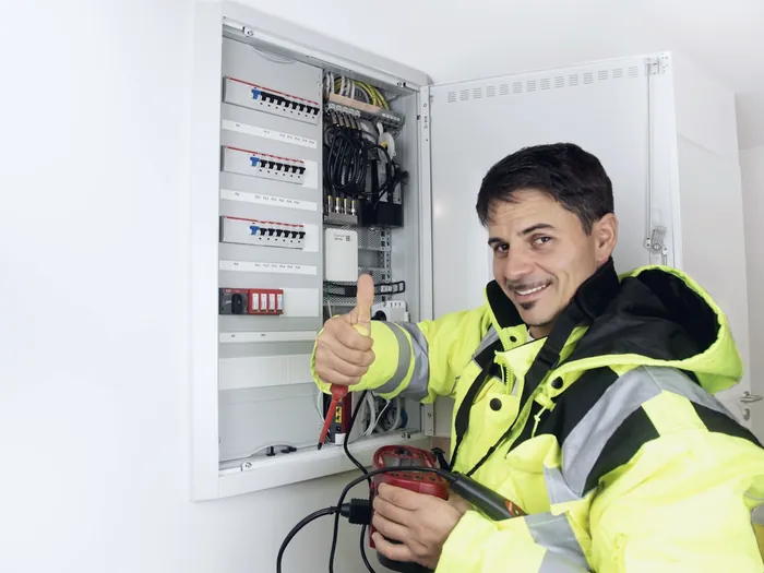 Électricien qui intervient sur un tableau électrique